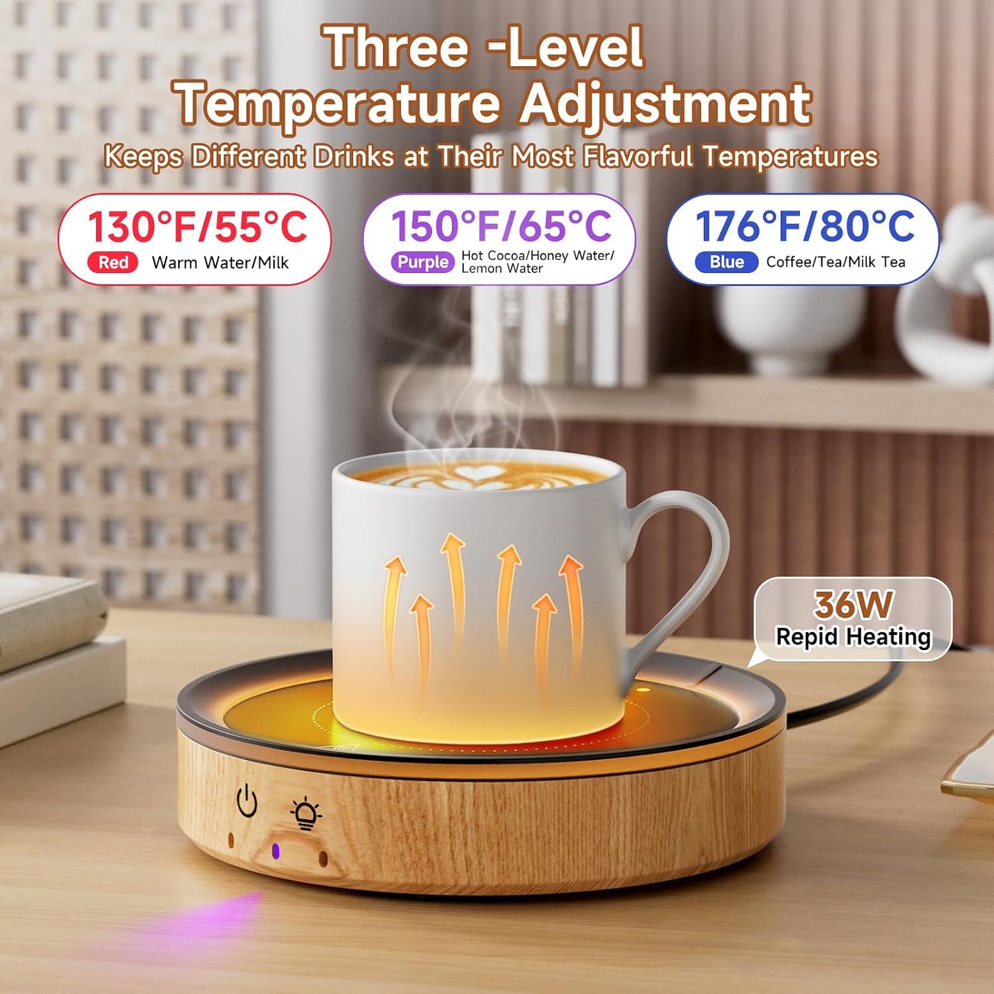 36W Mug Warmer, 3 Temperature Settings, Auto Shut Off (2-12H), Max 176°F, Wood Grain Design with Ambient Light,Ideal Gift for Home & Office (Wood Grain)