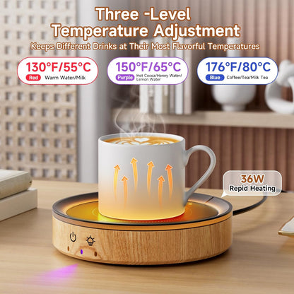 36W Mug Warmer, 3 Temperature Settings, Auto Shut Off (2-12H), Max 176°F, Wood Grain Design with Ambient Light,Ideal Gift for Home & Office (Wood Grain)