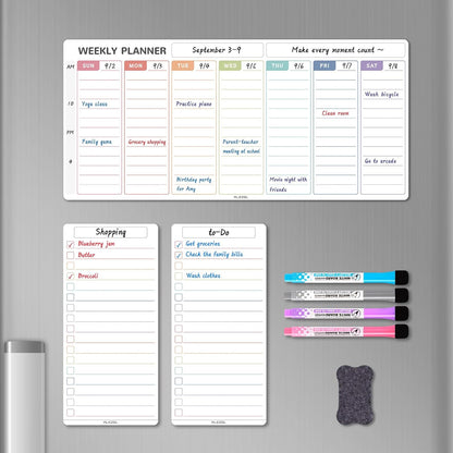 ALEZEL Magnetic Weekly Calendar Whiteboard for Fridge, Refrigerator Dry Erase Weekly White Board, Includes Magnetic Weekly Planner for Fridge with 2 List Boards, 4 Markers + Eraser