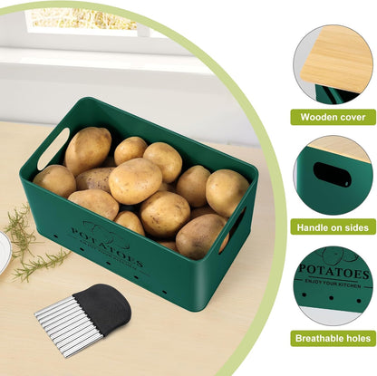 Kitchen Vegetable Storage Set of 3, Metal Onion Garlic Potato Storage Set, Kitchen Canisters Vegetable Keeper Containers with Aerating Holes and Bamboo Lid,Black