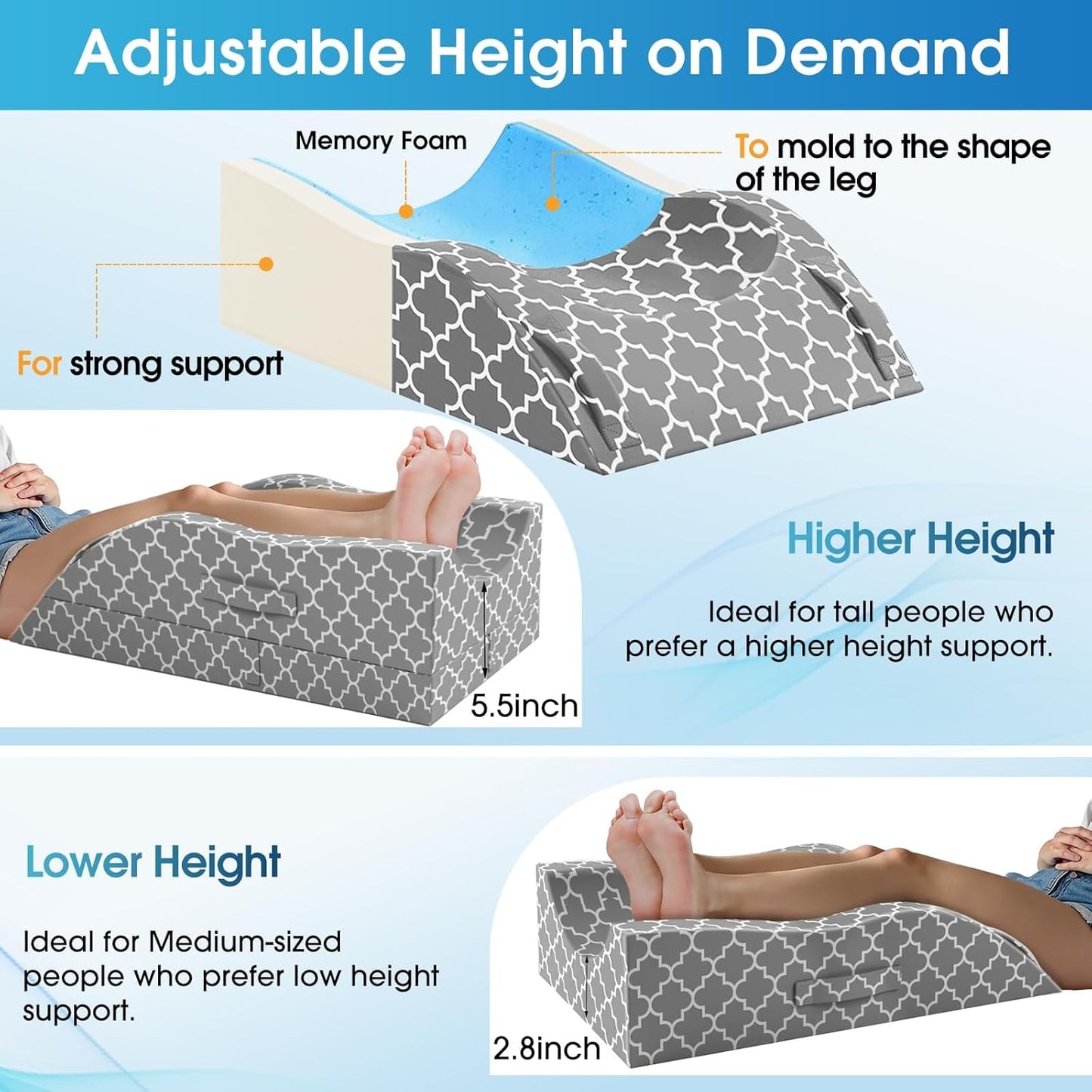 CloudBliss Leg Elevation Pillow for After Surgery, Adjustable Height Memory Foam Wedge Pillow with Cooling Ice Silk Cover, Ergonomic Leg Support for Knee, Comfort Care for Blood Circulation, Grey