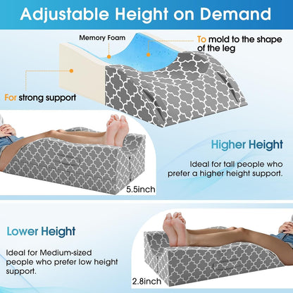 CloudBliss Leg Elevation Pillow for After Surgery, Adjustable Height Memory Foam Wedge Pillow with Cooling Ice Silk Cover, Ergonomic Leg Support for Knee, Comfort Care for Blood Circulation, Grey