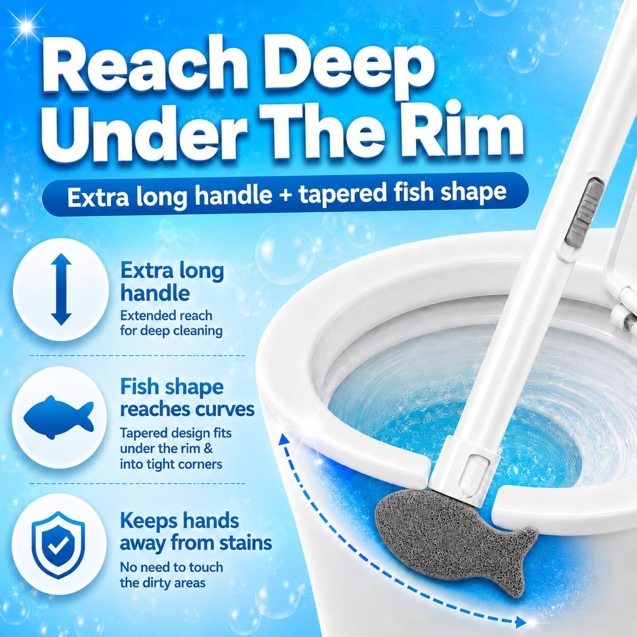 Pumice Stone for Toilet Bowl Cleaning, 8-in-1 Toilet Cleaning Kit with 6 Replaceable Fish Heads, 17" Extra Long Handle, Wall Mount Holder, Removes Hard Water Stains, Mineral Deposits & Rust Rings