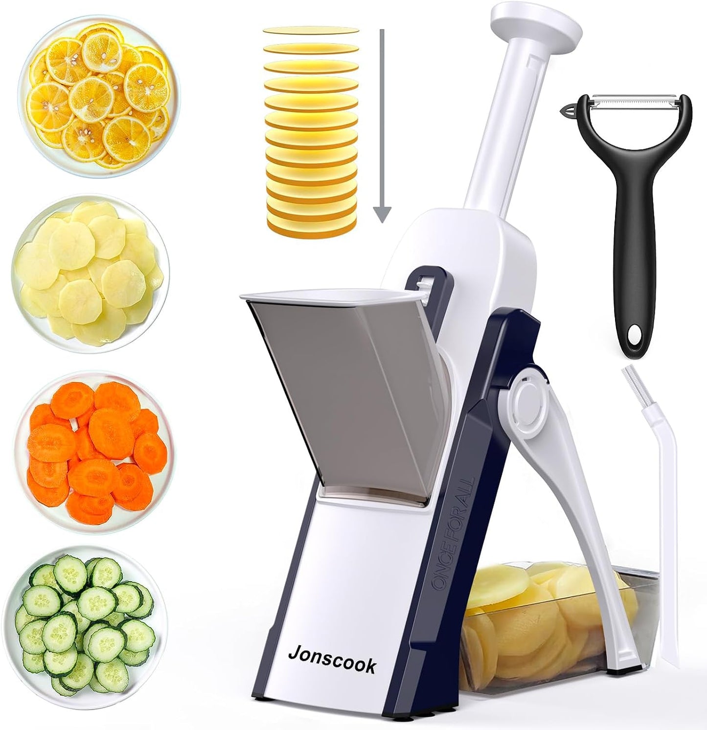 Jonscook All-in-1 Safe Mandoline Slicer for Kitchen, Vegetable Slicer with Container, Adjustable Veggie Mandoline, French Fry Cutter, Potato/Tomato/Onion Slicer, Grater/Cleaning Brush (Black Knight)