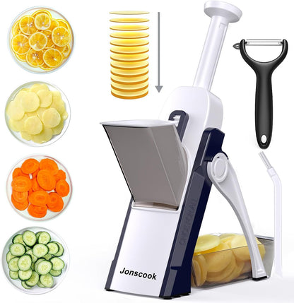 Jonscook All-in-1 Safe Mandoline Slicer for Kitchen, Vegetable Slicer with Container, Adjustable Veggie Mandoline, French Fry Cutter, Potato/Tomato/Onion Slicer, Grater/Cleaning Brush (Black Knight)