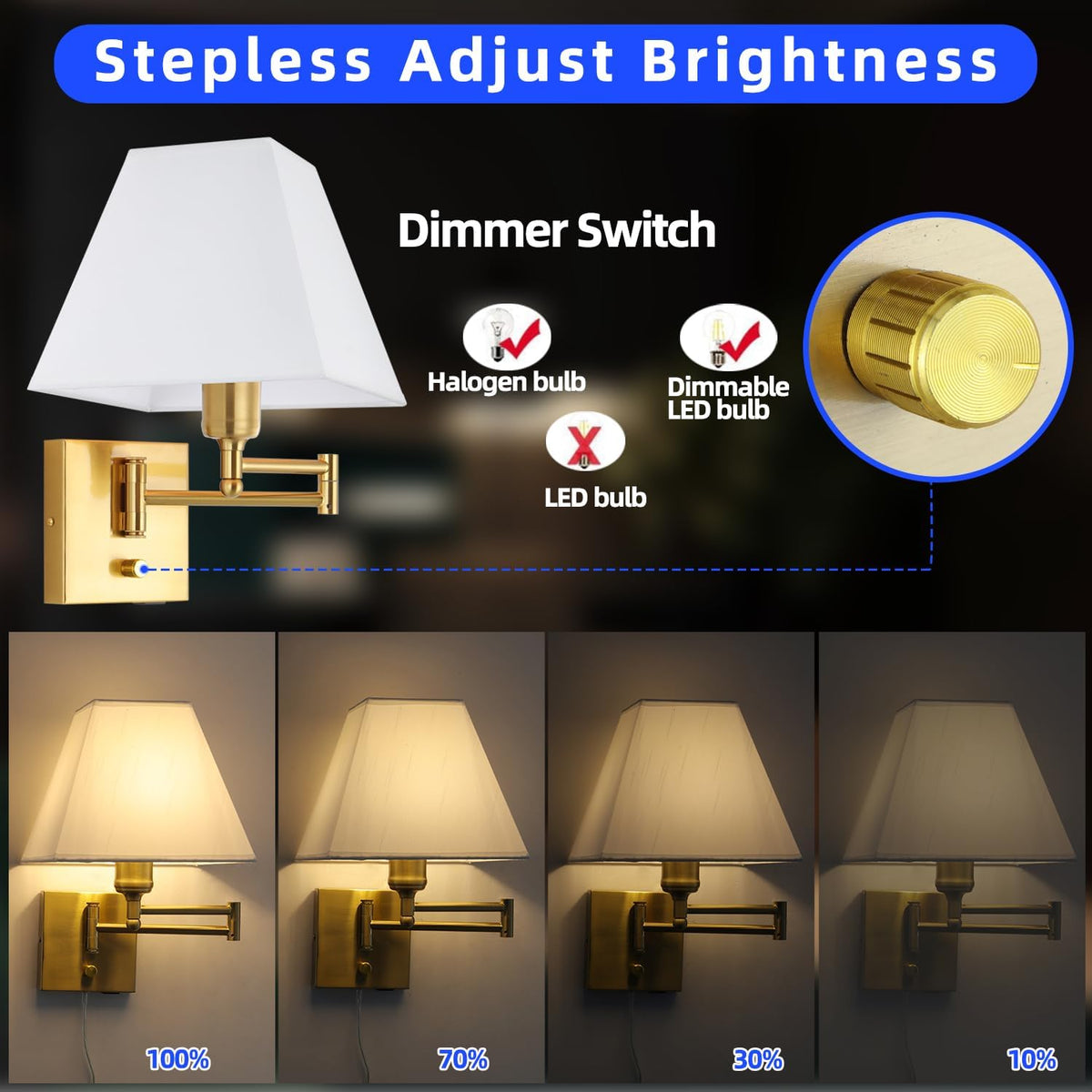 Wall Mounted Lamp Plug in Wall Sconce with Dimmable Switch Swing Arm Wall Lamp Whire Fabric Shade with USB Port Gold Wall Sconce Suitable for Hallway Bedroom Living Room…