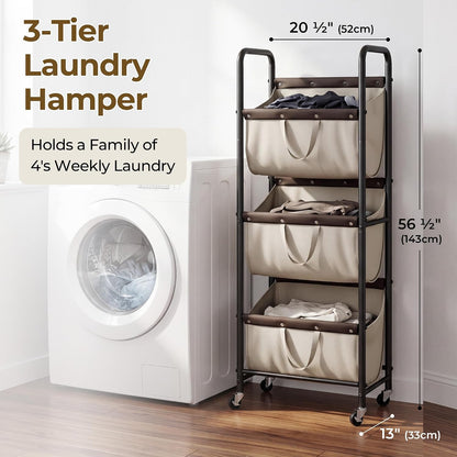 GRANNY SAYS 3 Tiered Laundry Sorter, Narrow Hamper Cart with Wheels | Sturdy 3 Section Laundry Basket with Wheels, Vertical Beige Hamper Cart for Bedroom, Bathroom, Apartment