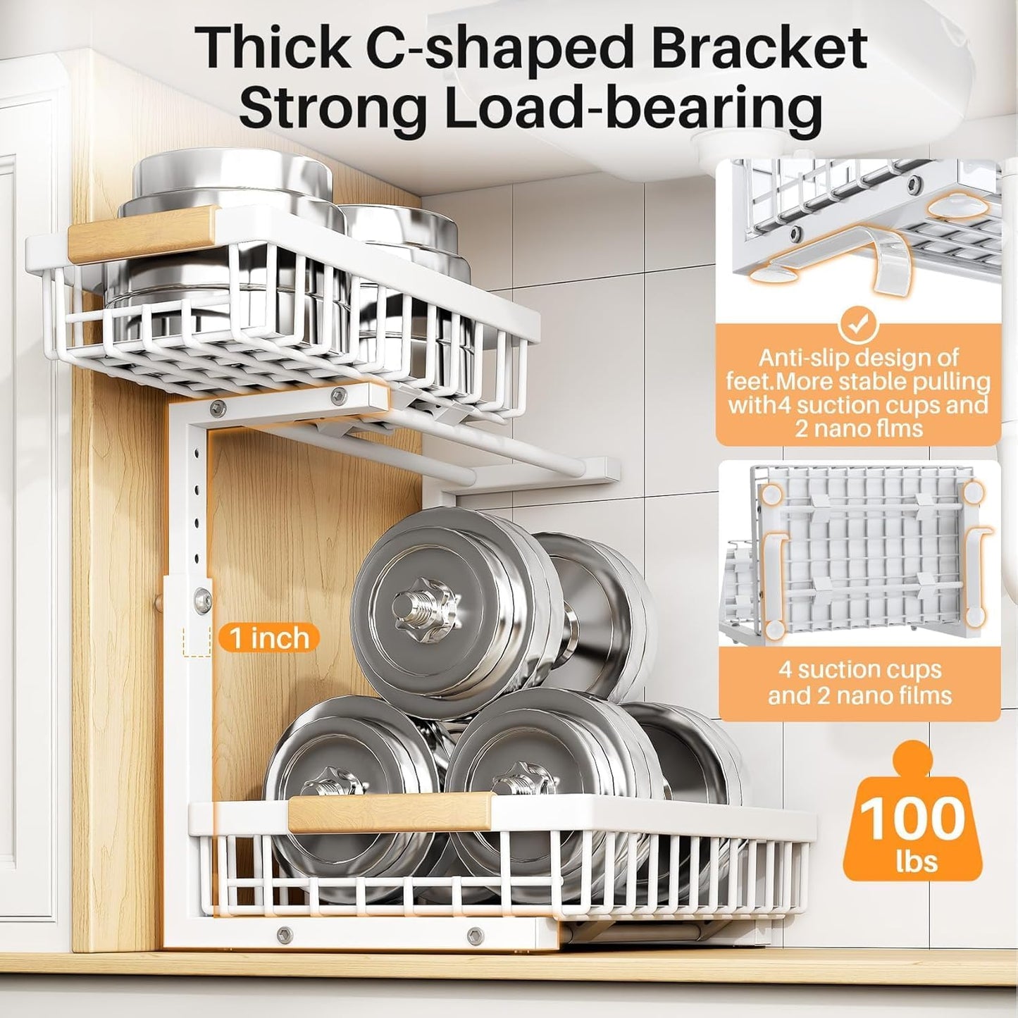 PXRACK Under Sink Organizer, Adjustable Height, 2 Tier Pull Out Under Cabinet Organizer, Slide Out Thickened Metal Under Sink Storage for Kitchen Bathroom Laundry Pantry Cabinet, White, Large-2-Pack