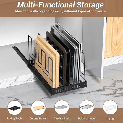 Housolution Pull Out Baking Tray and Cookie Sheet Cutting Board Organizer | 13"-22" Expandable, 21.5" Deep, 8 Adjustable Dividers, Sliding Rail Design, Sturdy Metal Structure, Adhesive/Screw Fixing