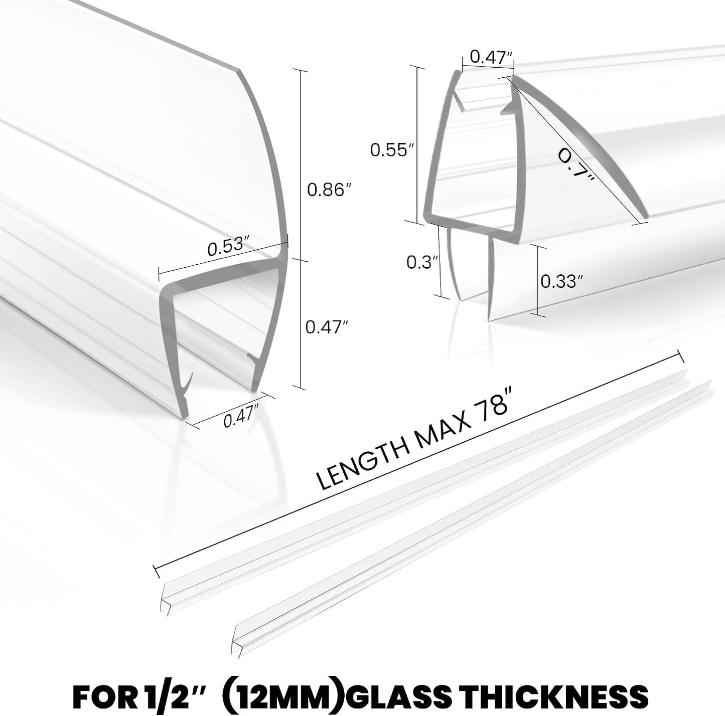 Frameless Shower Door Bottom Seal Strip for 3/8"(10mm) Thick Glass, Super Clear 36 Inch Long 2PCS Shower Door Seal, to Water Block