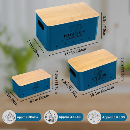 Kitchen Vegetable Storage Set of 3, Metal Onion Garlic Potato Storage Set, Kitchen Canisters Vegetable Keeper Containers with Aerating Holes and Bamboo Lid,Black