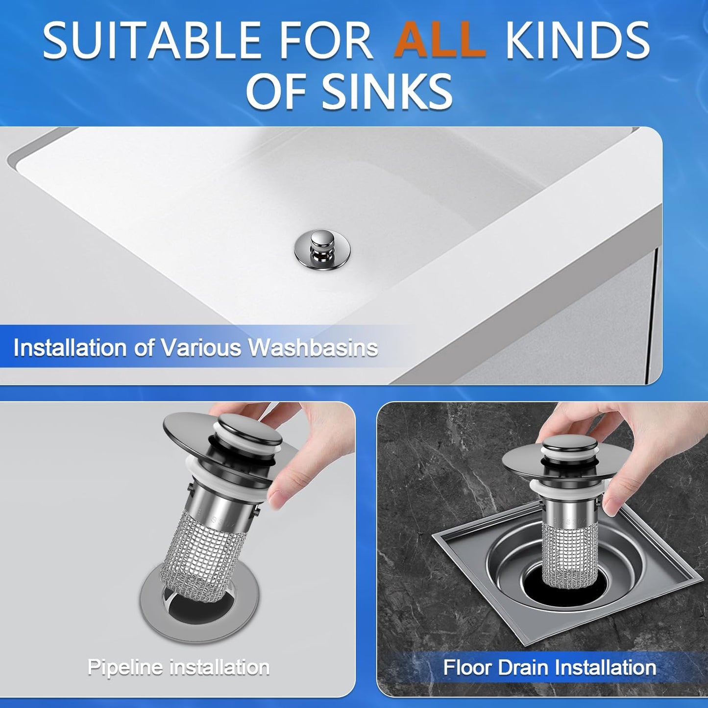 Bathroom Sink Drain Strainer, Pop-up Sink Drain Strainer with Removable Stainless Steel Strainer Basket Hair Catcher, Bathroom Sink Strainer for Bathroom Sink Stopper Replacement(1PCS)