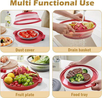 Microwave Splatter Cover with Anti-Scald Tray, 10.7" Collapsible - Red | Collapsible microwave food cover with an anti-scald tray. Fits most plates up to 10.7 inches and helps reduce food splatter.