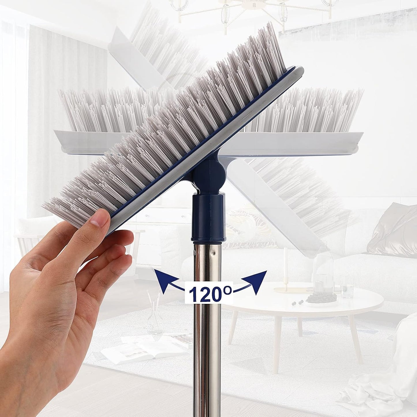 2 in 1 Floor Scrub Brush Grout Brush with 57.8" Long Handle,120°Rotatable Shower Tile Grout Cleaner Scrubber,V-Shaped Corner Brush for Hard to Reach Areas (Orange)