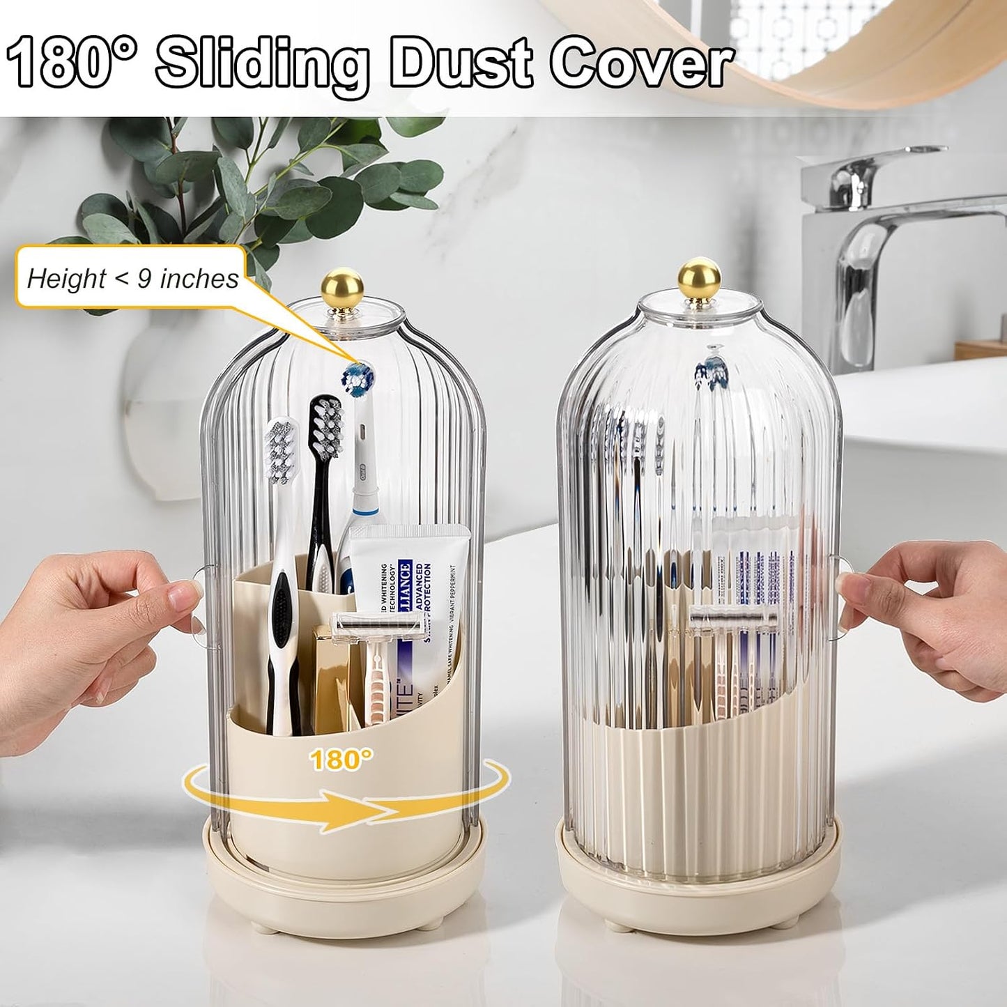 Toothbrush Holders with Cover Toothpaste Organizer for Bathroom, White | 360° Rotating, Dustproof Sliding Lid, Drainage Holes, Waterproof, for Kids Electric Toothbrush Makeup Brush Storage