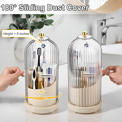 Toothbrush Holders with Cover Toothpaste Organizer for Bathroom, White | 360° Rotating, Dustproof Sliding Lid, Drainage Holes, Waterproof, for Kids Electric Toothbrush Makeup Brush Storage