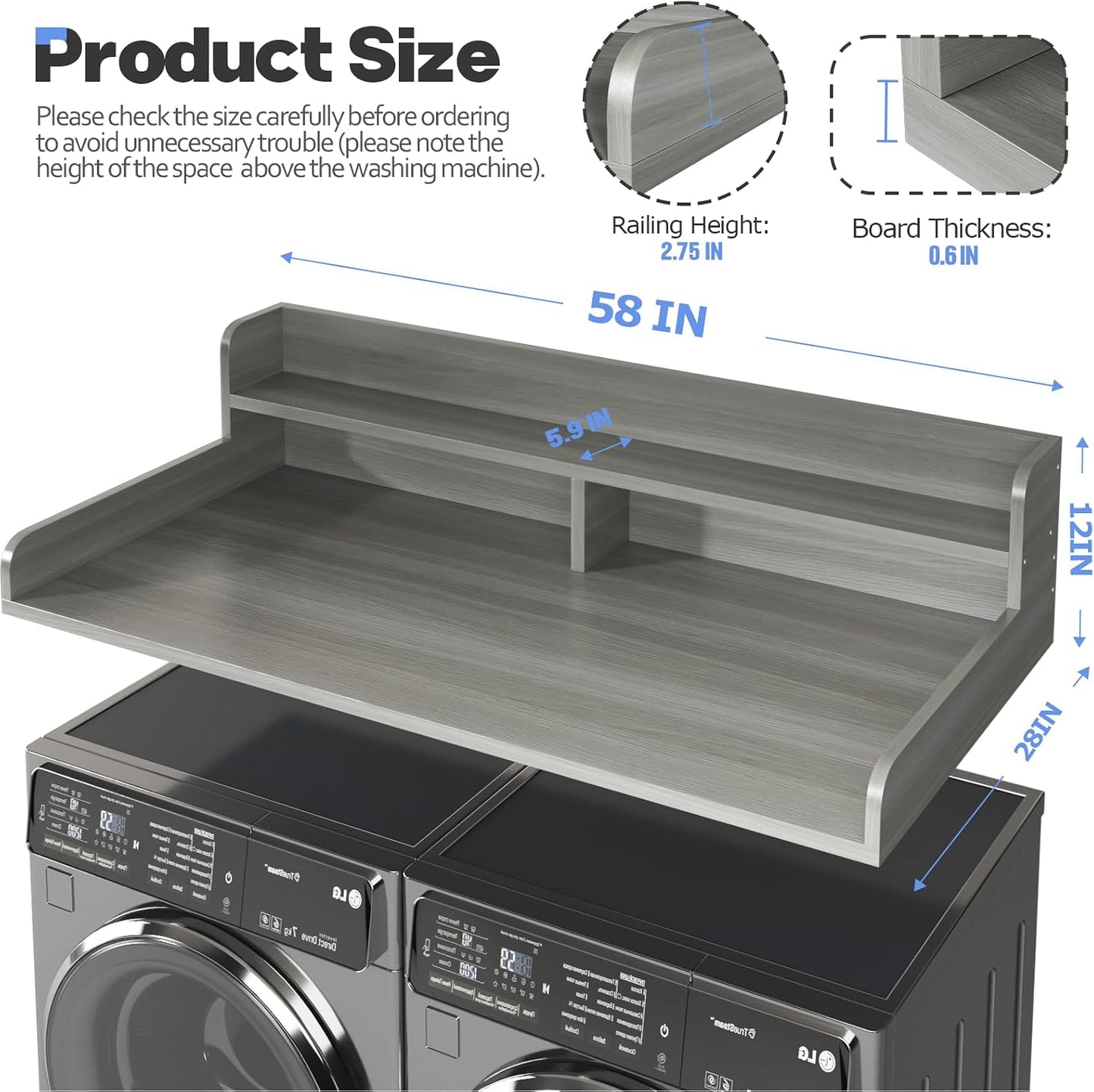 2-Tier Washer and Dryer Countertop with 2.75" H Guard,54" W x 27.5" D Laundry Countertop Cover with Non-Slip Pad,Large Space Laundry Topper for Folding Clothes Over Washer and Dryer-White