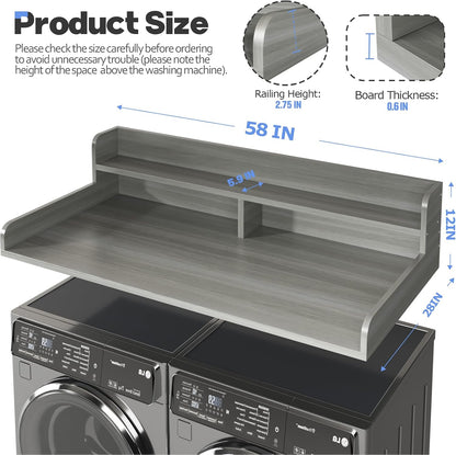 2-Tier Washer and Dryer Countertop with 2.75" H Guard,54" W x 27.5" D Laundry Countertop Cover with Non-Slip Pad,Large Space Laundry Topper for Folding Clothes Over Washer and Dryer-White