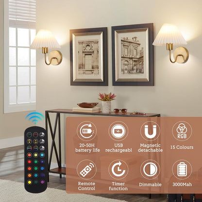Rechargeable Battery Operated Wall Sconce Sets of 2, 15 Colors Wireless gooseneck Black Wall Lights Fixture with Dimmable Bulbs and Remote, Not Hardwired Wall Mounted Lamps for Bedroom Living Room