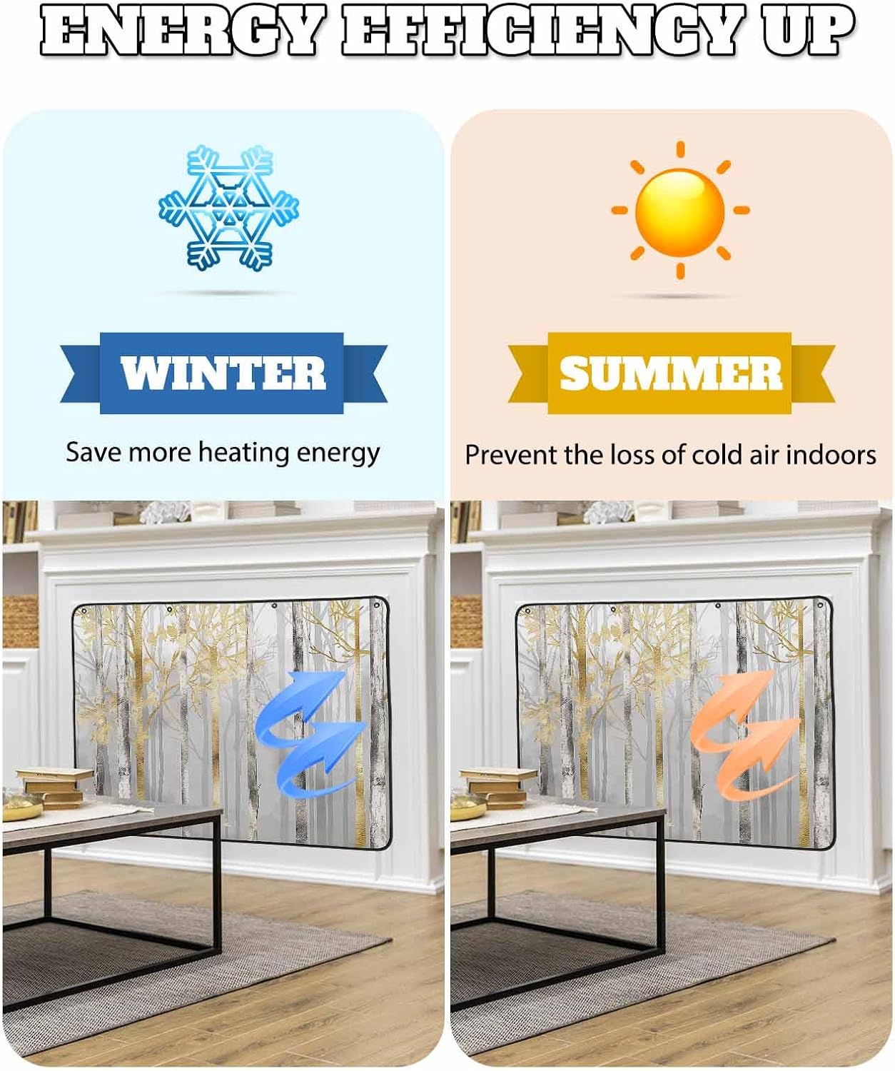 Abstract Forest Magnetic Fireplace Cover Decorative Indoor For Brick Fireplace, Insulation Fireplace Blocker Blanket Draft Stop Hot Heat Save Energy, Modern Landscape Painting Grey Gold 45"Wx34"H