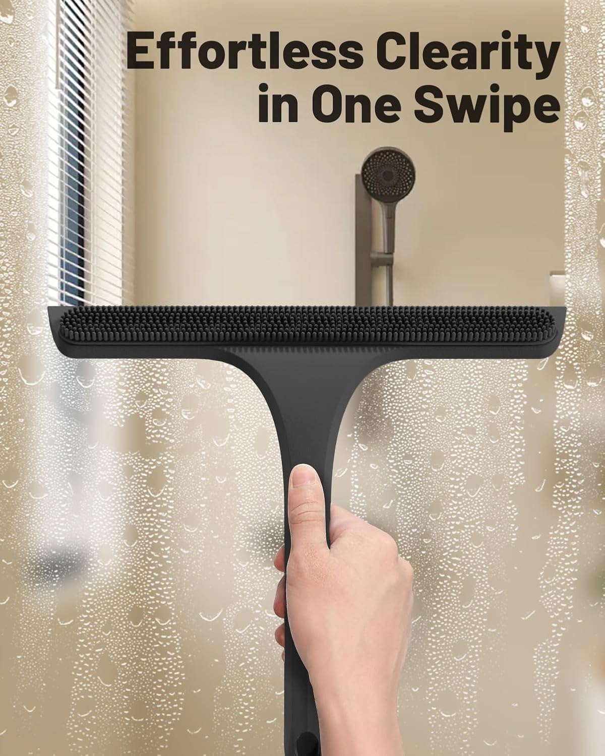 2-in-1 Silicone Shower Squeegee with Hook,Dual-Sided Design with Scraper & Scrub Surface,Rust-Proof Stainless Core,Streak-Free Bathroom Squeegee for Glass Doors,Mirrors,Windows,Car Windshields (Black)