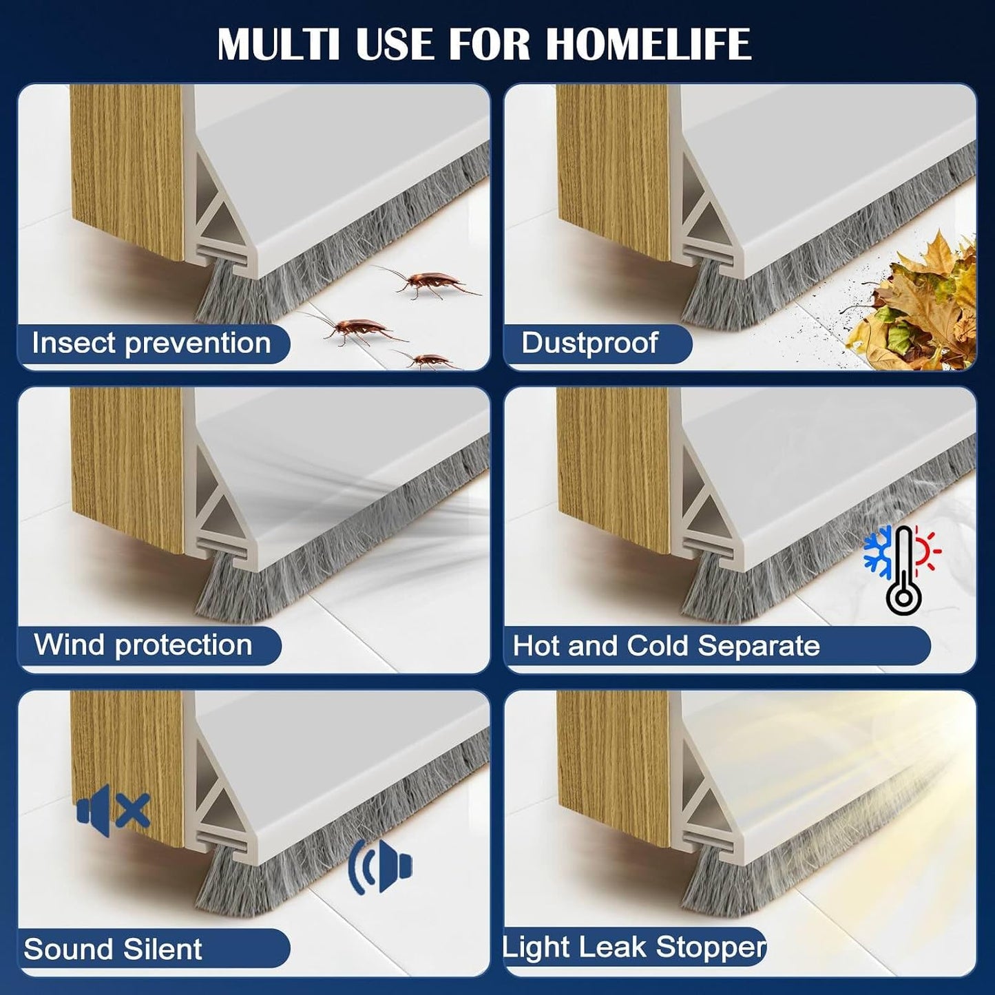 Door Sweep for Bottom of Door: Integrated Design with Brush | Self Adhesive Under Door Draft Stopper - Seal Dust Noise Hot or Cold Air Insulation - White 39"L 2" W