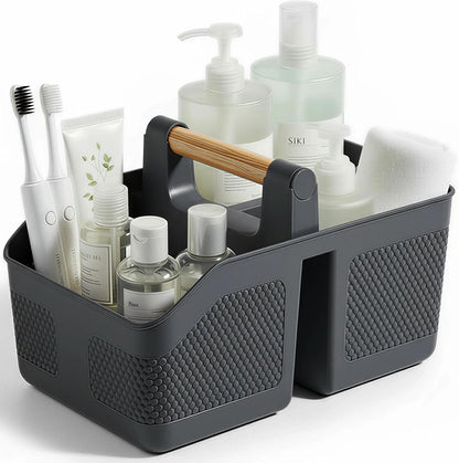 Plastic Shower Caddy Portable Shower Basket with Bamboo Handle, White | Cleaning Caddy Organizer Storage Tote for Bathroom, College Dorm Essentials, Bath Toy Storage