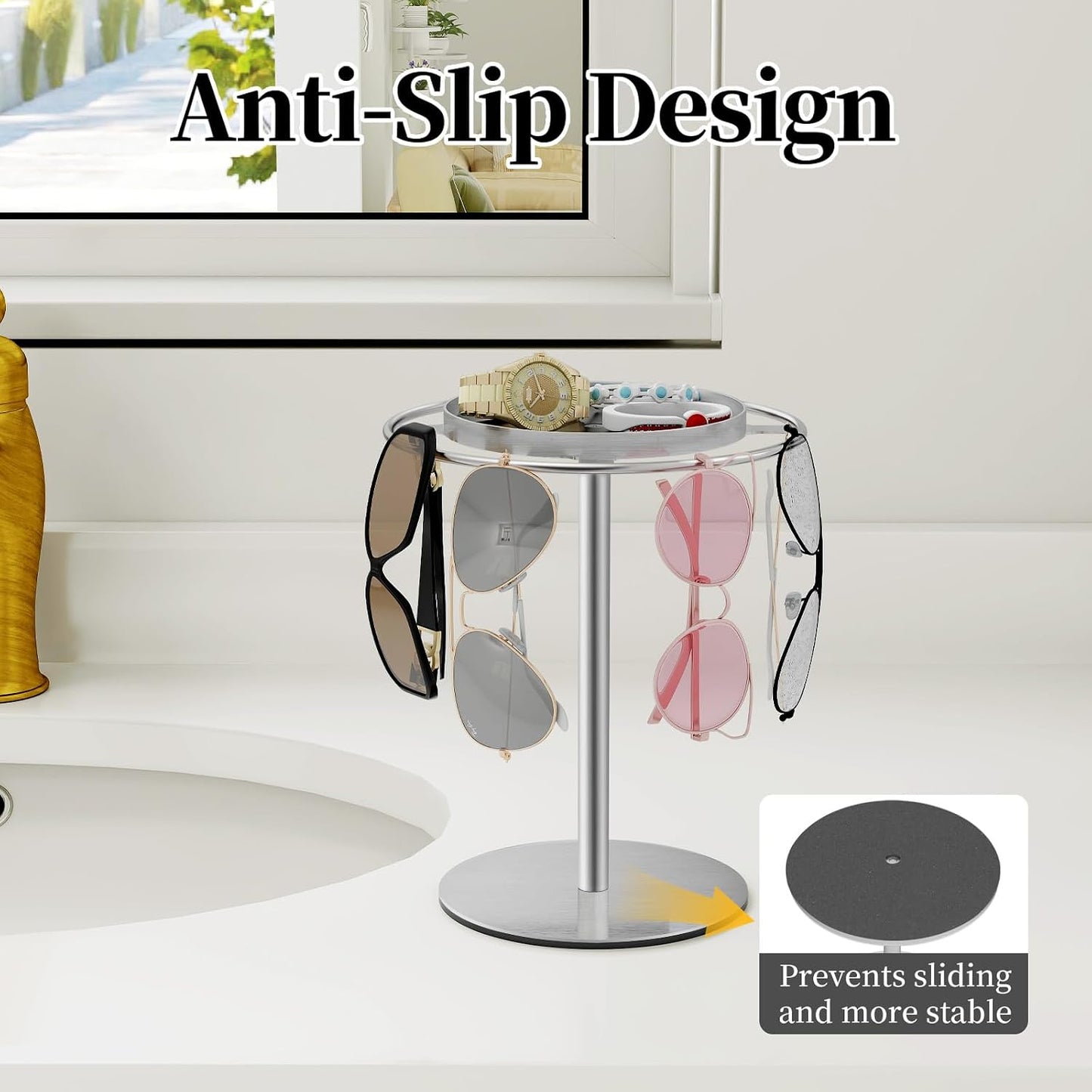 LSK Metal Sunglasses Organizer, Glasses Holder Stand with Storage Tray | Eyeglasses Holder with Anti-Slip Pads for Tabletop, Desk, Dresser, Matte Black