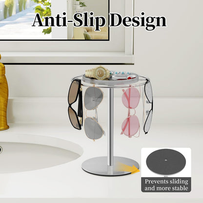 LSK Metal Sunglasses Organizer, Glasses Holder Stand with Storage Tray | Eyeglasses Holder with Anti-Slip Pads for Tabletop, Desk, Dresser, Matte Black