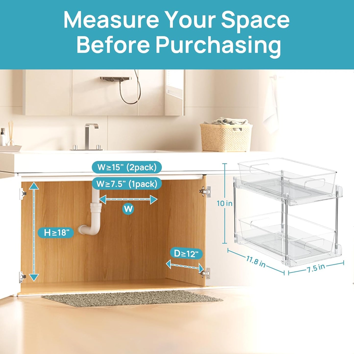 Vtopmart 2 Pack Pull Out Bathroom Under Sink Organizer (S-Standard) | Slide-out drawers, Multi-purpose storage, Clear visibility, Easy Set-up