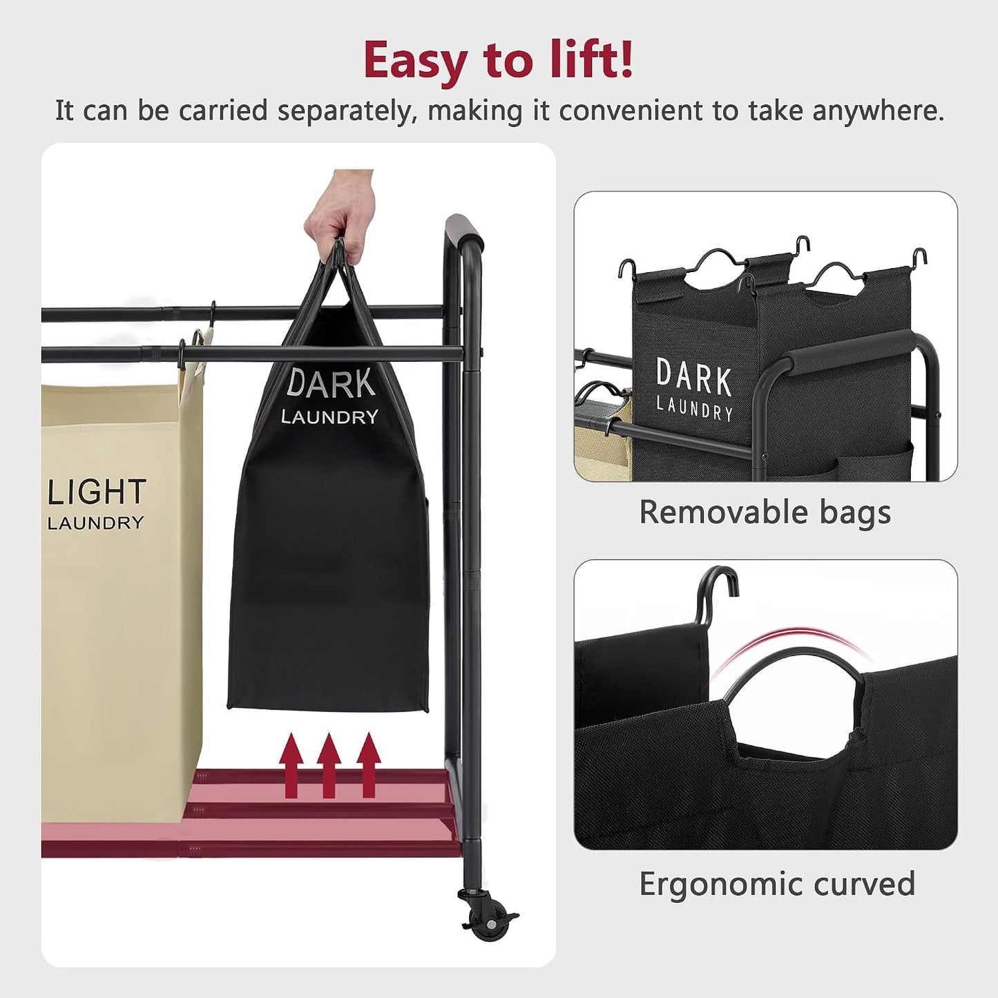 2 Bag Laundry Sorter Cart, Black & Grey | 50lbs Large Capacity, Removable Laundry Bags, Heavy Duty Lockable Rolling Wheels, Laundry Hamper Basket for Clothes Storage