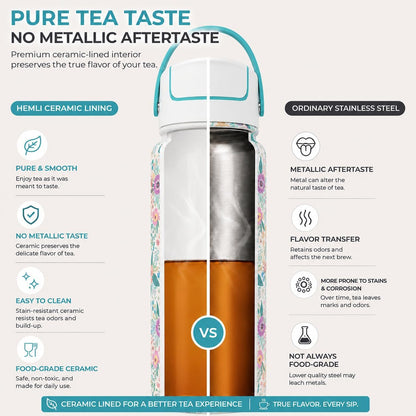 22 oz Ceramic Lined Tea Infuser Travel Tumbler, Micro-Mesh Stainless Steel Infuser, Pure Taste Ceramic Interior, Triple Insulated 12hr Hot Cold, Dual Sip & Straw Lid, Scratch-Resistant