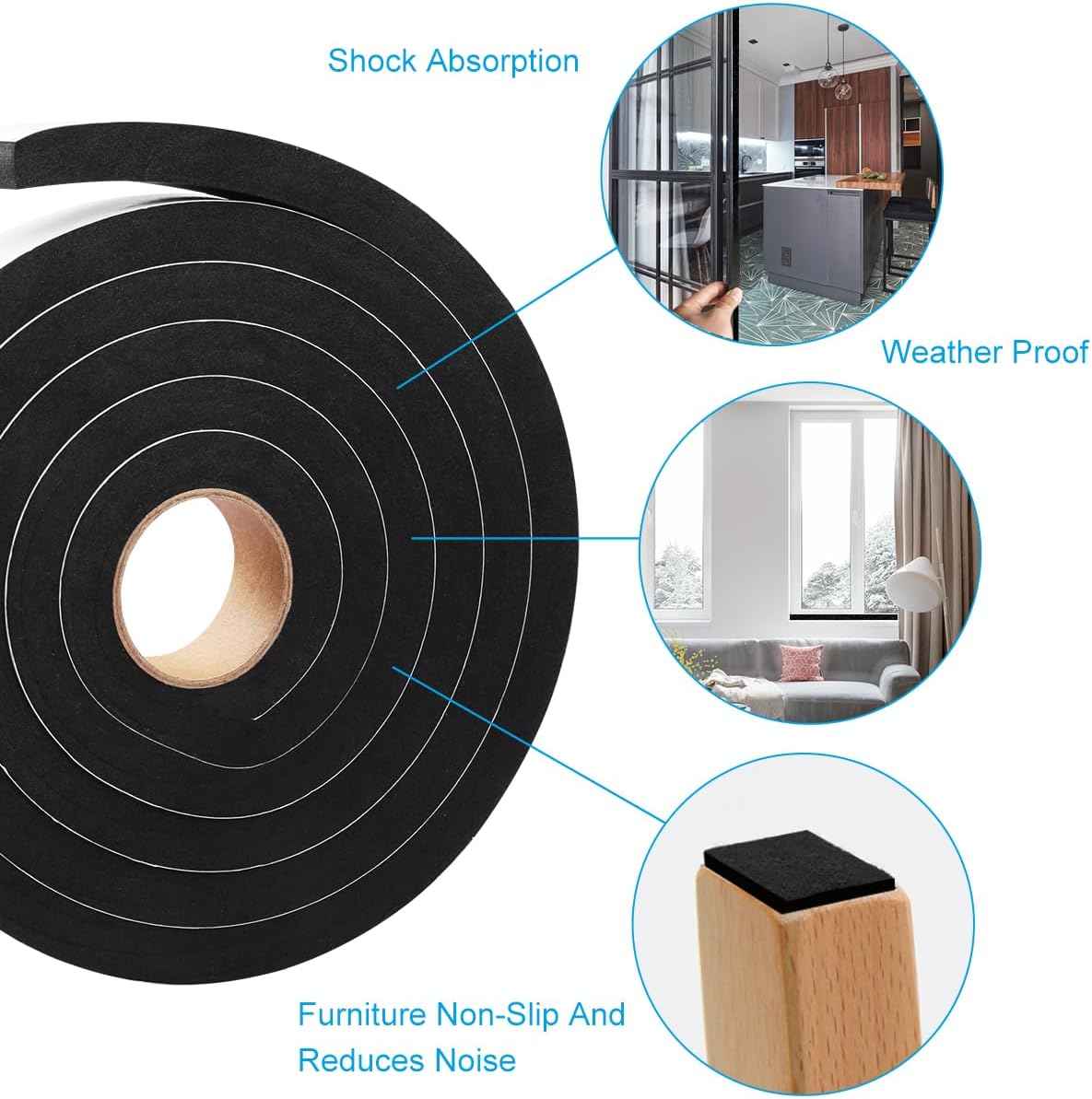 2 Rolls Foam Seal Tape for Door Window Insulation, Soundproof and Shockproof Foam Adhensive Strip, 3/8" Wx3/16 T Single Sided Foam Tape, Cold Air and Draft Closed Cell Seal Strip,Total 32FT