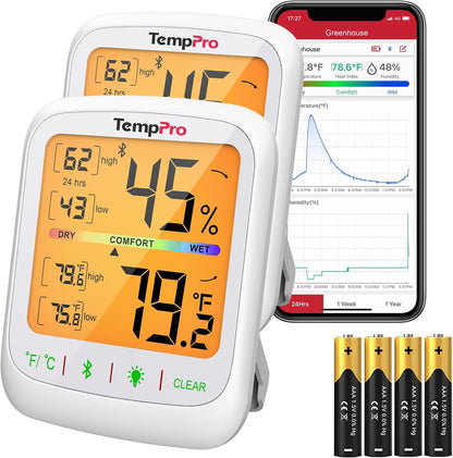 TempPro TempAir Bluetooth Hygrometer Thermometer with Large Backlit LCD | 260 ft Wireless Remote Temperature and Humidity Monitor, Indoor Room Thermometer and Humidity Gauge with Max Min Records