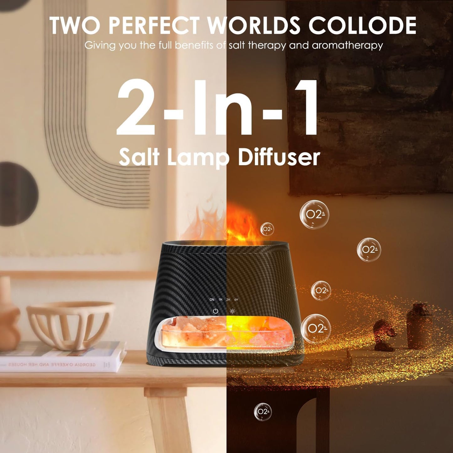 SALKING 2-in-1 Ultrasonic Essential Oil Diffuser & Himalayan Salt Lamp, Aromatherapy Diffuser Cool Mist Humidifier with Auto Off Function, 100% Pure Himalayan Pink Salt Rock, 150ml (Wooden Grain)