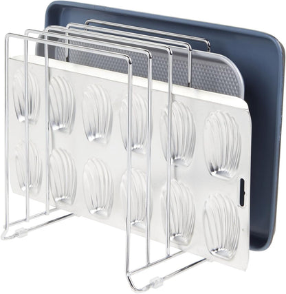 mDesign X-Large Steel Storage Tray Organizer Rack for Kitchen Cabinet - Divided Holder with 5 Slots for Skillets, Frying Pan, Pot Lids, Cutting Board, Baking Sheets - Concerto Collection - White