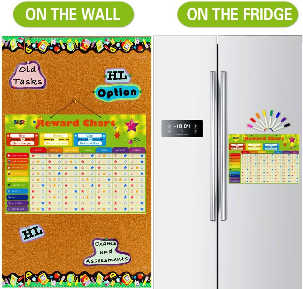 Magnetic Reward Chart, Dry Erase Kids Behavior Responsibility Task Board-84 Chores (Including 7 Blanks), 272 Magnetic Stars, 8 Markers & 3 Name Cards-Good Behavior Daily Routine to Motivate Kids