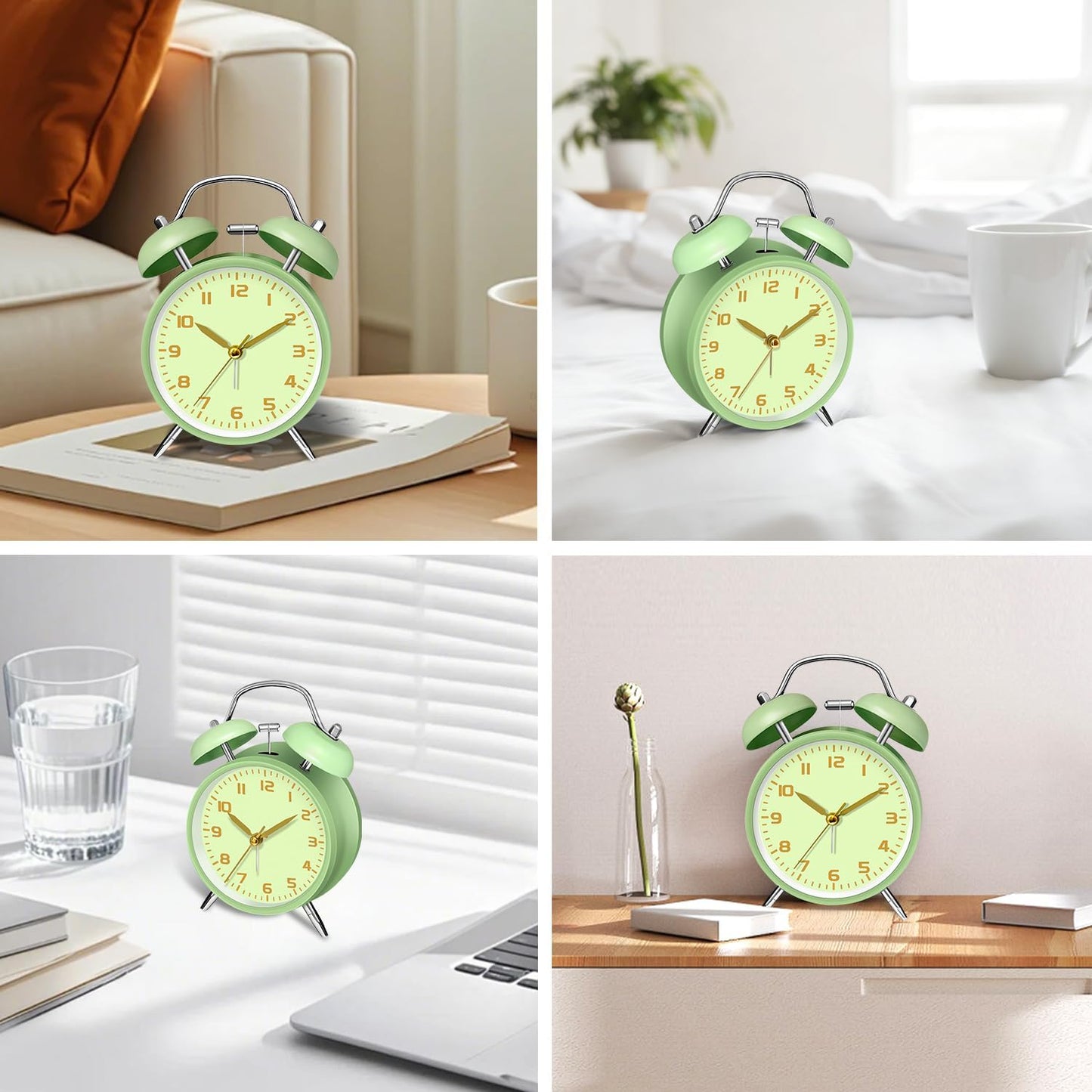 4.5" Metal Loud Alarm Clock for Heavy Sleepers Adults, Analog Battery Operated Alarm Clock with Bells Glow in Dark Numbers, Silent Old School Bedside Desk Clock for Bedroom Office Kids, Black