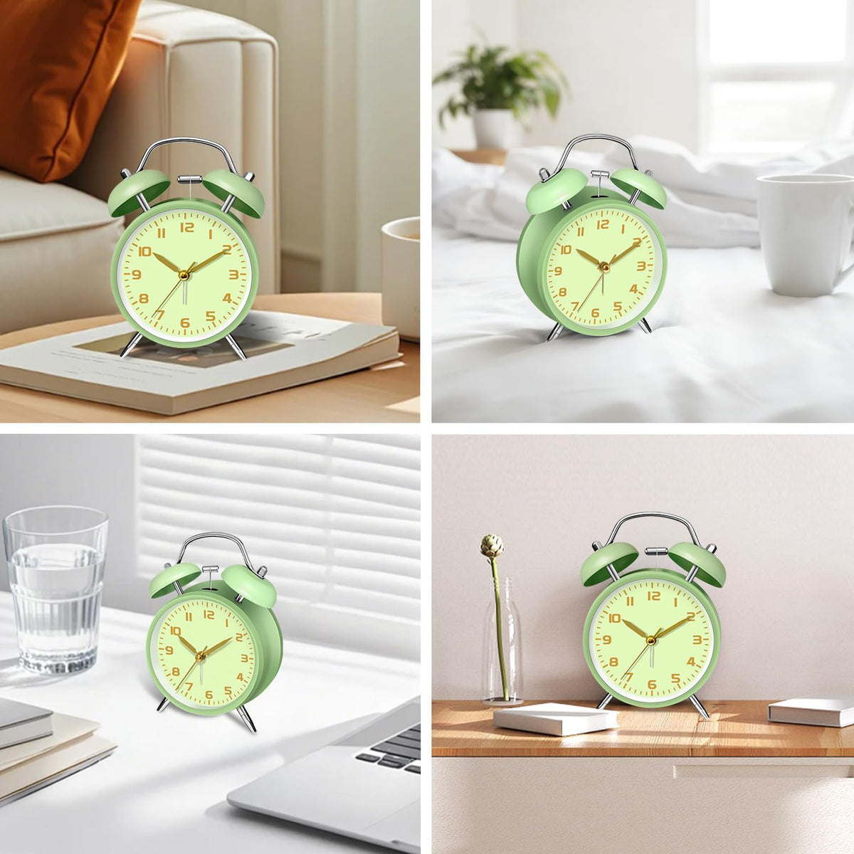 4.5" Metal Loud Alarm Clock for Heavy Sleepers Adults, Analog Battery Operated Alarm Clock with Bells Glow in Dark Numbers, Silent Old School Bedside Desk Clock for Bedroom Office Kids, Black