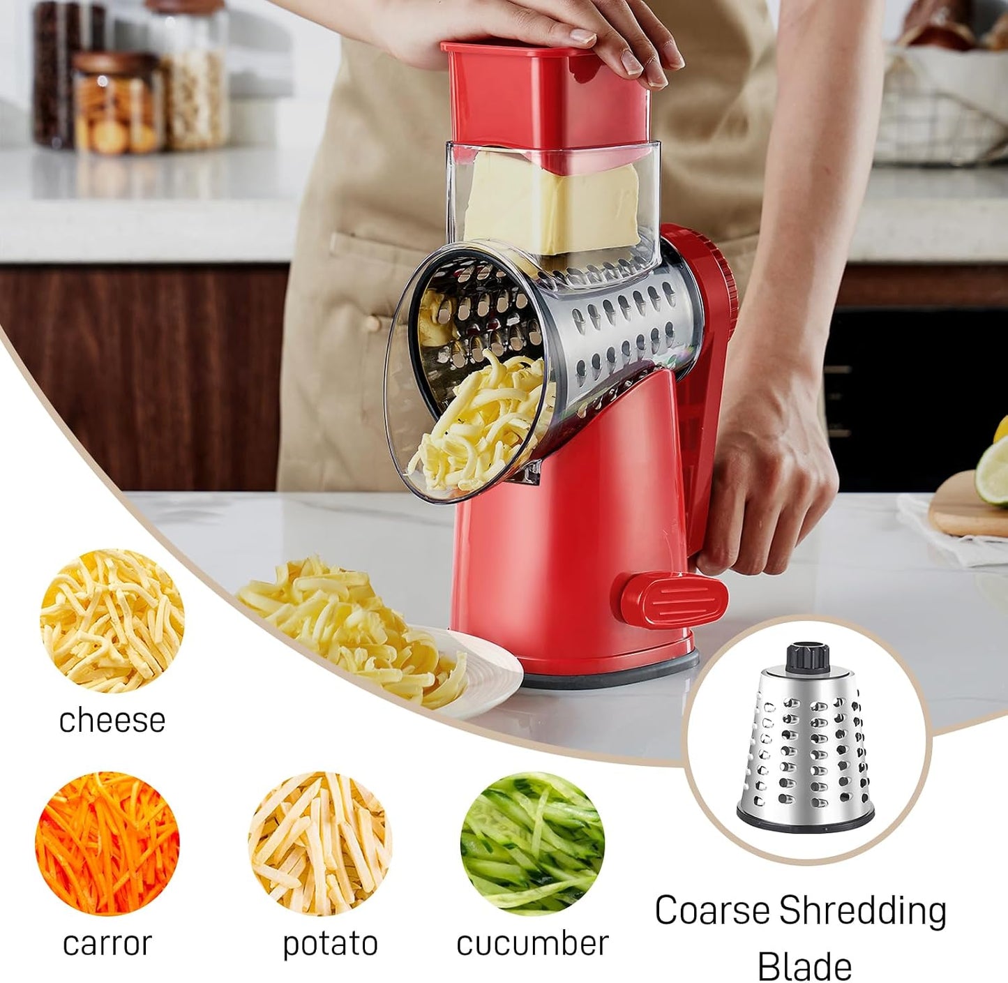 Weltonhm 4 in 1 Large Rotary Cheese Grater Hand Crank (black, 3 Graters) | Cheese Shredder Rotary and Slicer with 4 Stainless Steel Blades for Vegetables, Veggie and Cheese, Stronger Suction Base