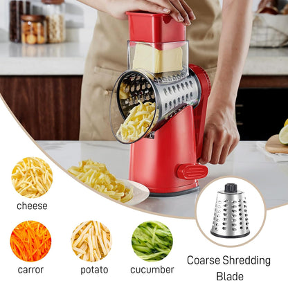 Weltonhm 4 in 1 Large Rotary Cheese Grater Hand Crank (black, 3 Graters) | Cheese Shredder Rotary and Slicer with 4 Stainless Steel Blades for Vegetables, Veggie and Cheese, Stronger Suction Base