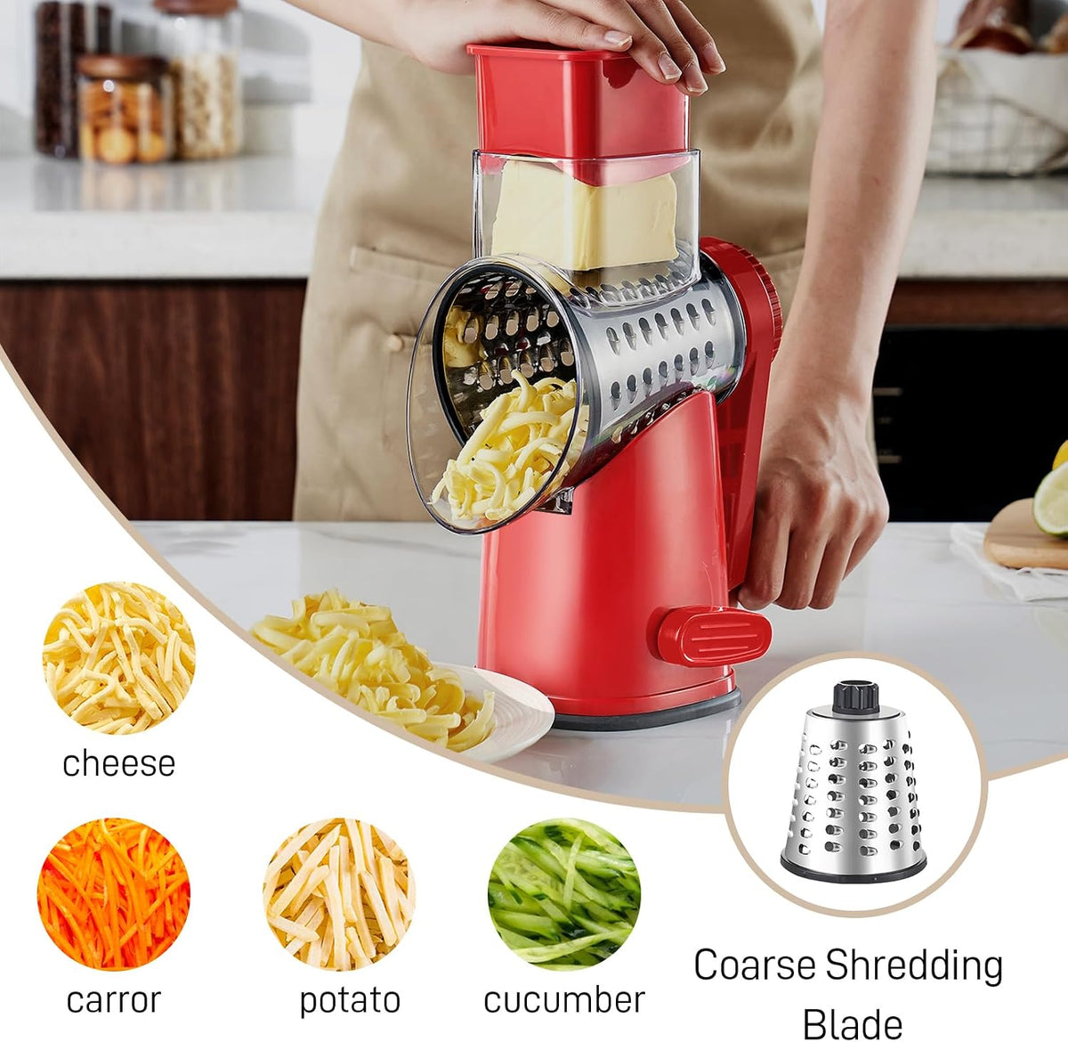 Weltonhm 4 in 1 Large Cheese Grater Hand Crank (White Grey 4 Graters)