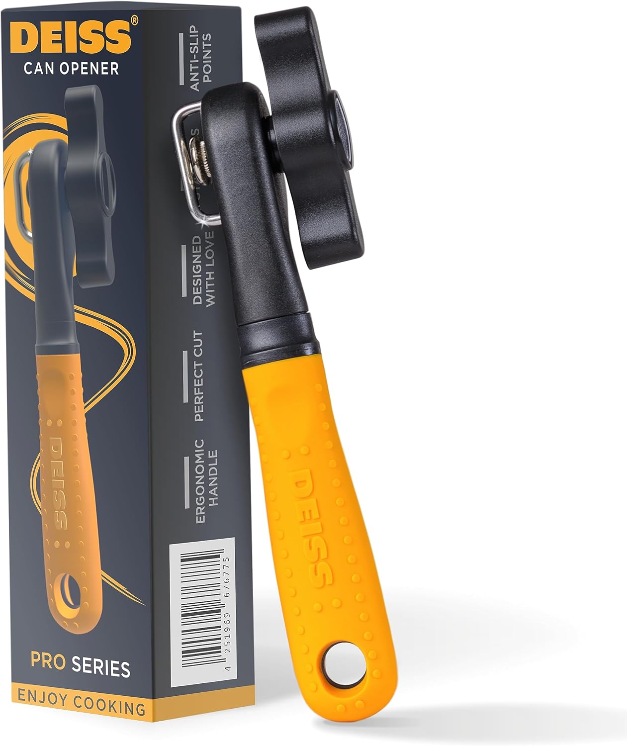 Deiss Pro Heavy Duty Can Opener Manual Smooth Edge, Handheld Can Opener With Soft Touch Handle, Rust Proof Safety Can Opener Oversized Handheld Easy Turn Knob, Best Large Lid Openers (ORANGE)