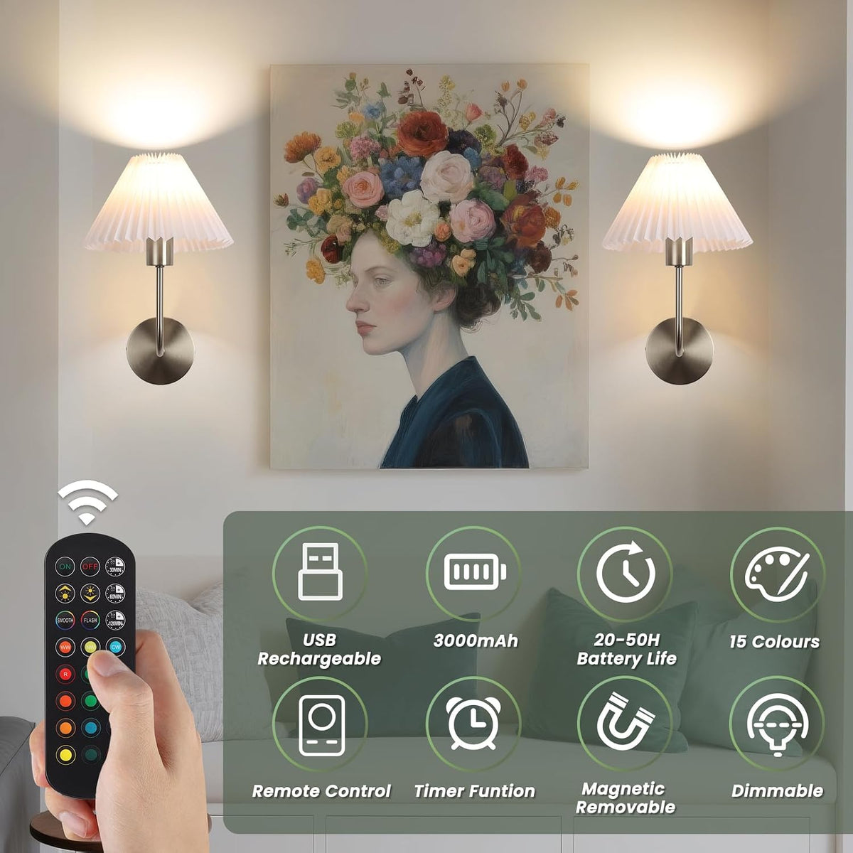Rechargeable Battery Operated Wall Sconce Sets of 2, 15 Colors Wireless gooseneck Black Wall Lights Fixture with Dimmable Bulbs and Remote, Not Hardwired Wall Mounted Lamps for Bedroom Living Room