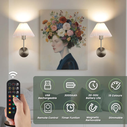 Rechargeable Battery Operated Wall Sconce Sets of 2, 15 Colors Wireless gooseneck Black Wall Lights Fixture with Dimmable Bulbs and Remote, Not Hardwired Wall Mounted Lamps for Bedroom Living Room