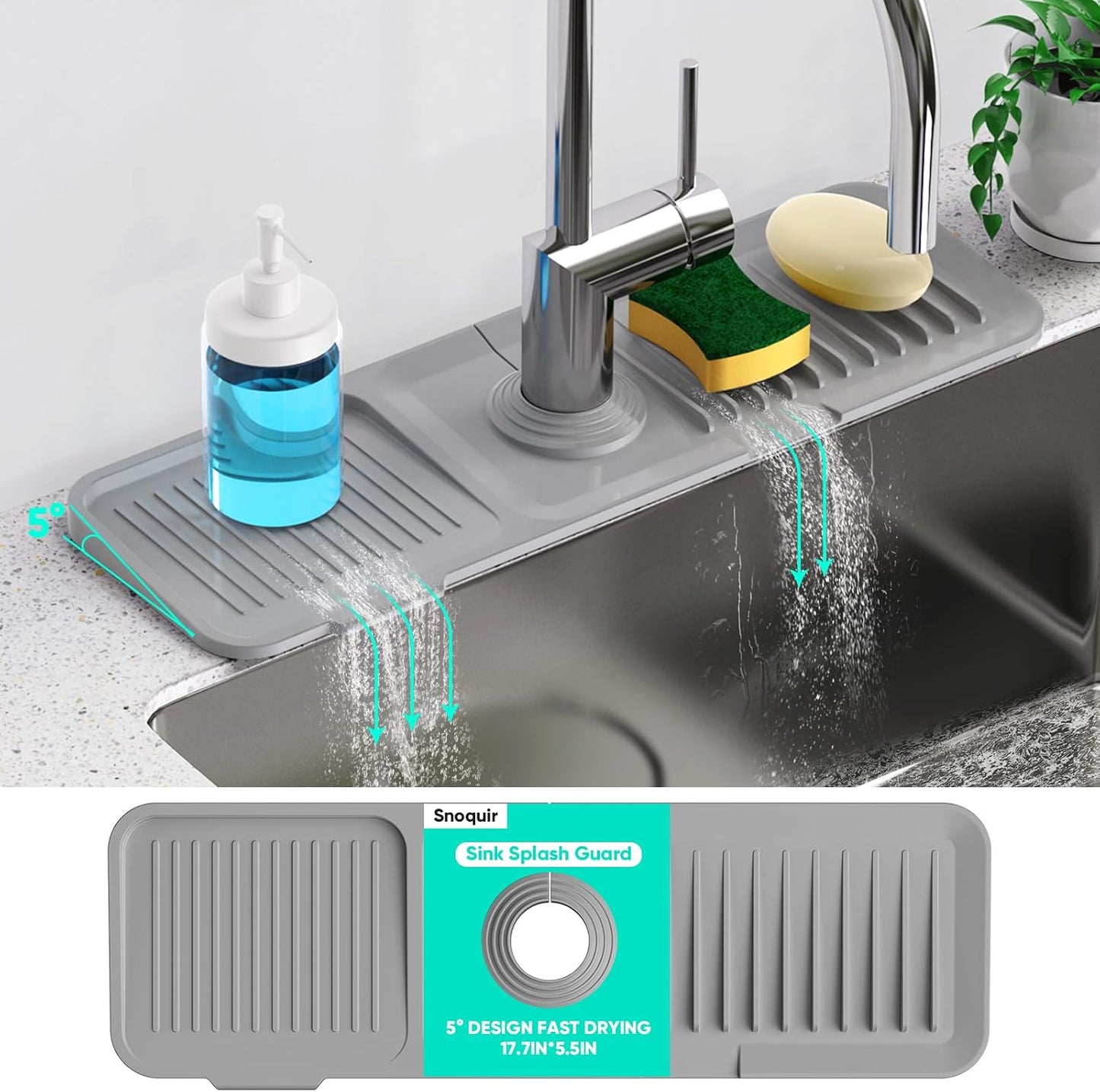 24 Inch Longer Faucet Mat for Kitchen Sink [5° Slope Fast Self-draining]Bathroom Kitchen Sink Splash Guard Silicone Sinks Faucet Mat Splash Guard for Kitchens Sinks Area Tidy Splashs Draining Mats