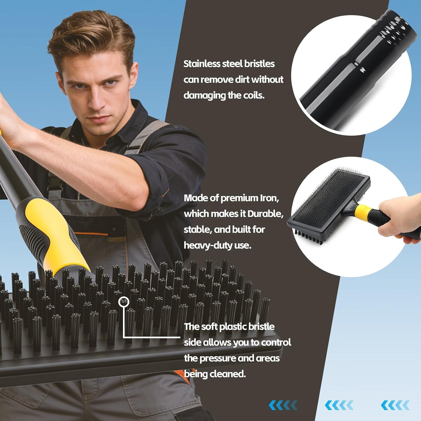 HVAC Coil Cleaning Brush with Long Handle, Double-Sided AC Evaporator & Condenser Coil Cleaner Brush, Carpet Pet Hair Remover for Vents, Ducts, Furniture