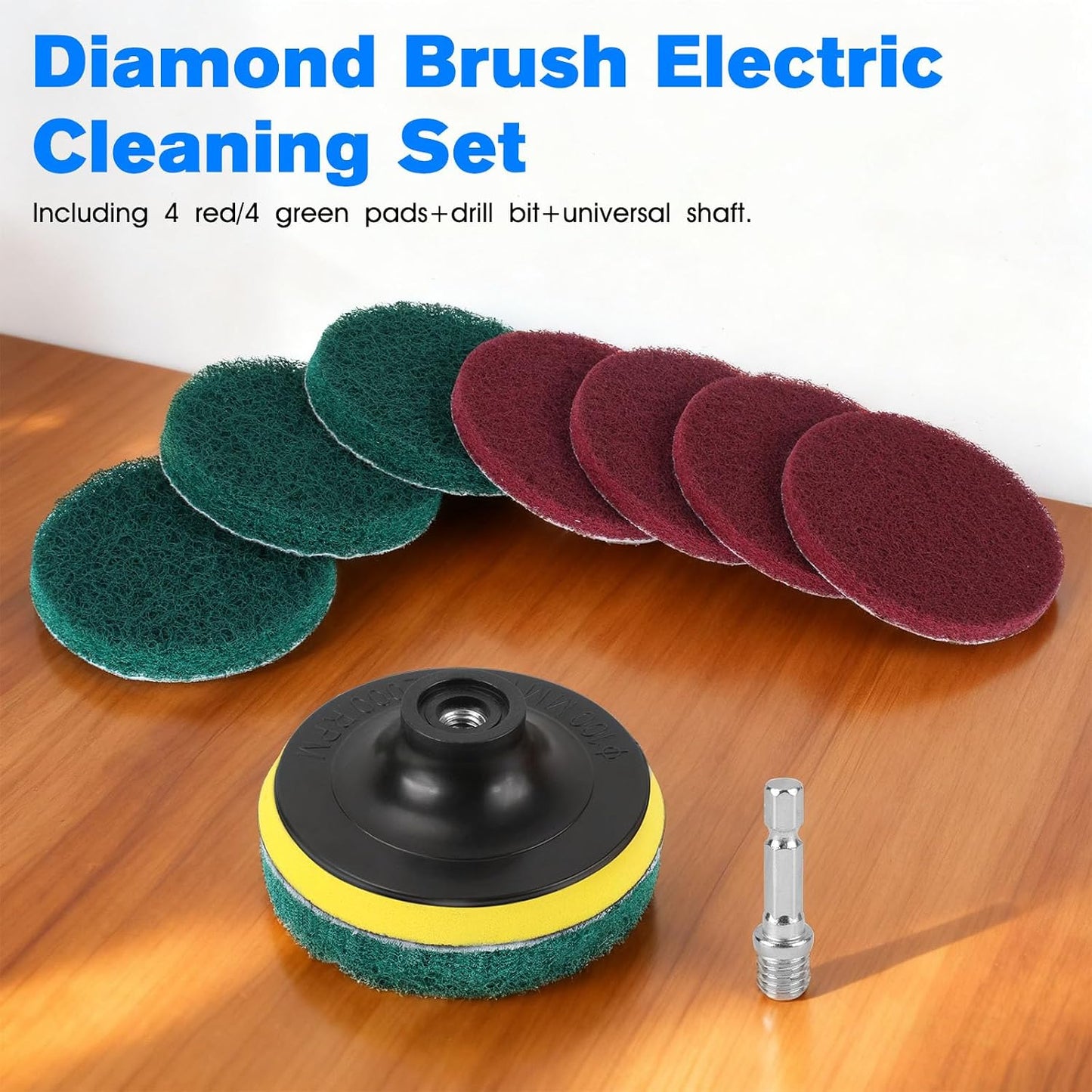 4" Drill Brush Scouring Pads Set, 4Red 4Green + Attachment & Shaft for Tile | 4-Inch Scrub Drill Brush Pads Set: 4 Red, 4 Green Pads, Drill Attachment & Shaft. For Kitchen, Bath, Tile, Glass, Porcelain