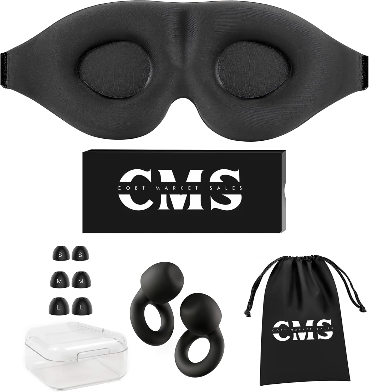 3D Contoured Sleep Mask with Earplugs Set - 100% Blackout Memory Foam Eye Mask for Sleeping - Soft Comfortable Night Blindfold for Side Sleepers, Men & Women, Travel & Shift Work (Black)