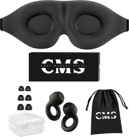 3D Contoured Sleep Mask with Earplugs Set - 100% Blackout Memory Foam Eye Mask for Sleeping - Soft Comfortable Night Blindfold for Side Sleepers, Men & Women, Travel & Shift Work (Black)